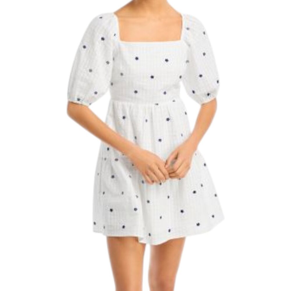 Rails Selene Dress in Navy Embroidered Daisies Puff Sleeve Cut-Out Back Sz. Med.